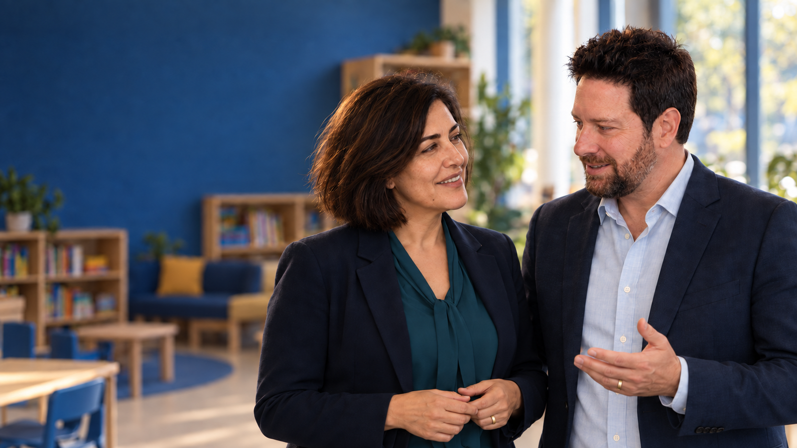 Elham and Michael sharing a natural conversation in a community learning centre