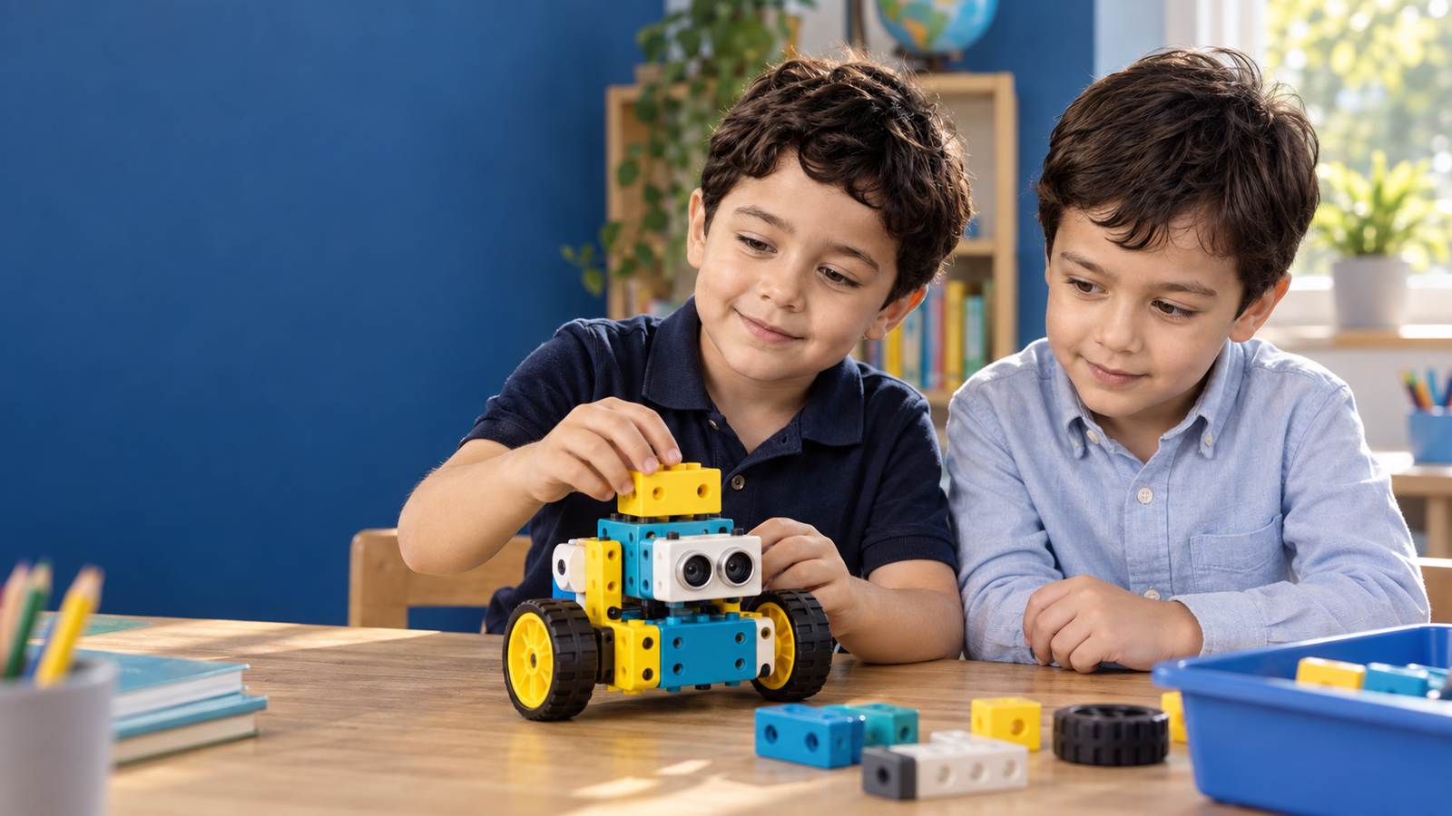 Gilly and Rob exploring a wheeled educational robot