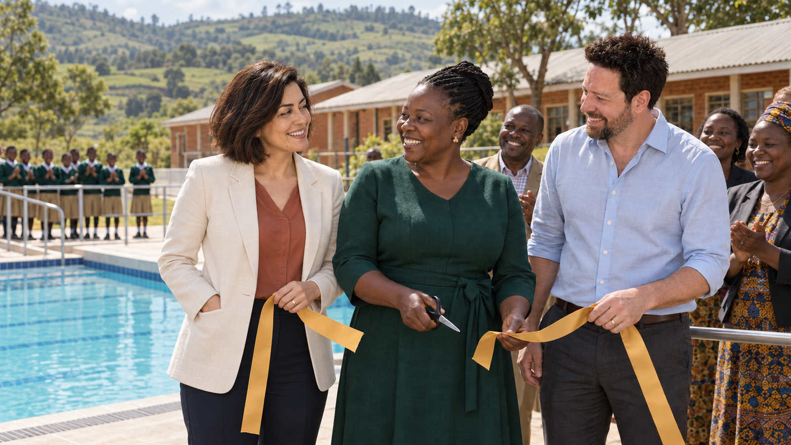 Elham and Michael at an outdoor teaching pool opening in an African highland school setting